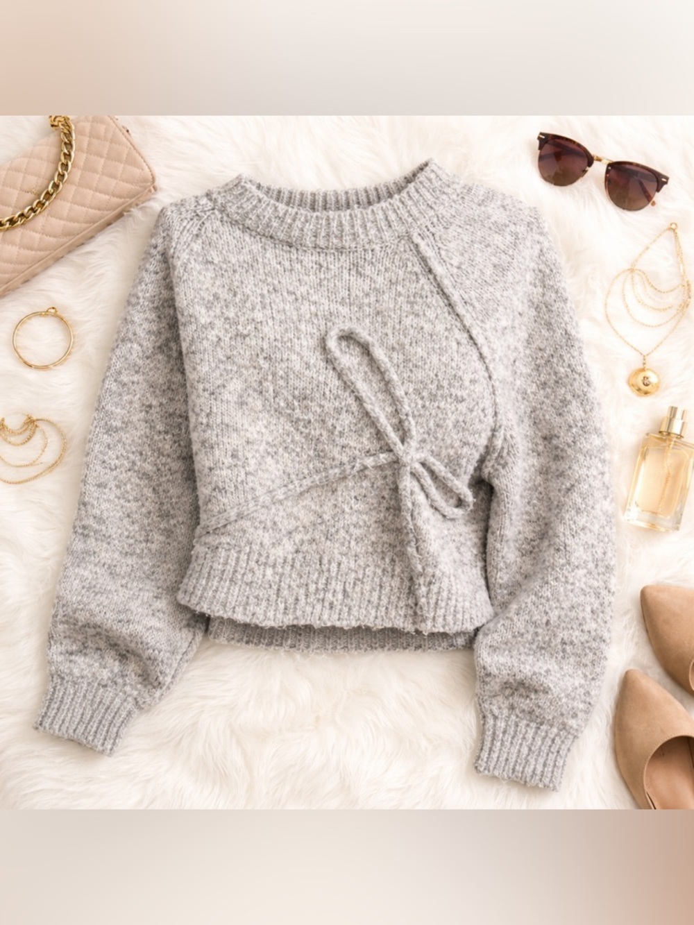 American Eagle Tie Front Cropped Sweater XS Gray Soft Cozy Knit Wrap Style